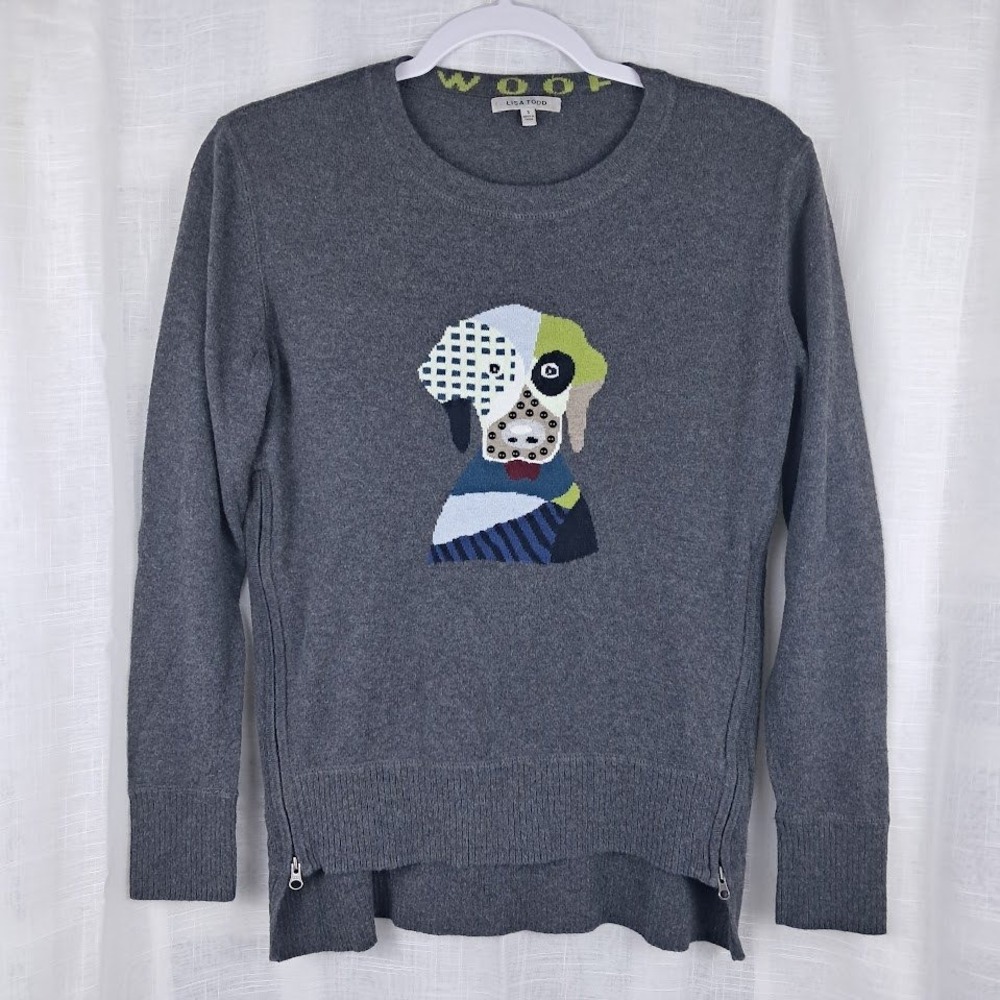 Lisa Todd S Grey Puppy‎ Woof Cotton Cashmere Sweater Long Sleeve Side Zippers